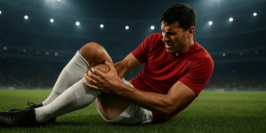 Blessure au football – joueur en maillot rouge et short blanc se tenant le genou avec douleur sur un terrain de foot éclairé
