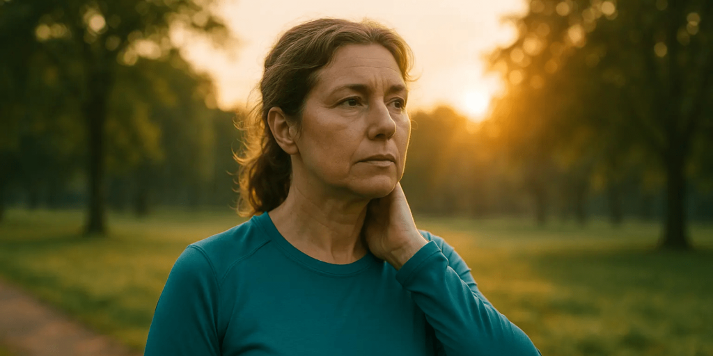 Arthrose cervicale sport à éviter – femme en tenue de sport touchant son cou en extérieur au coucher du soleil, symbolisant la douleur cervicale