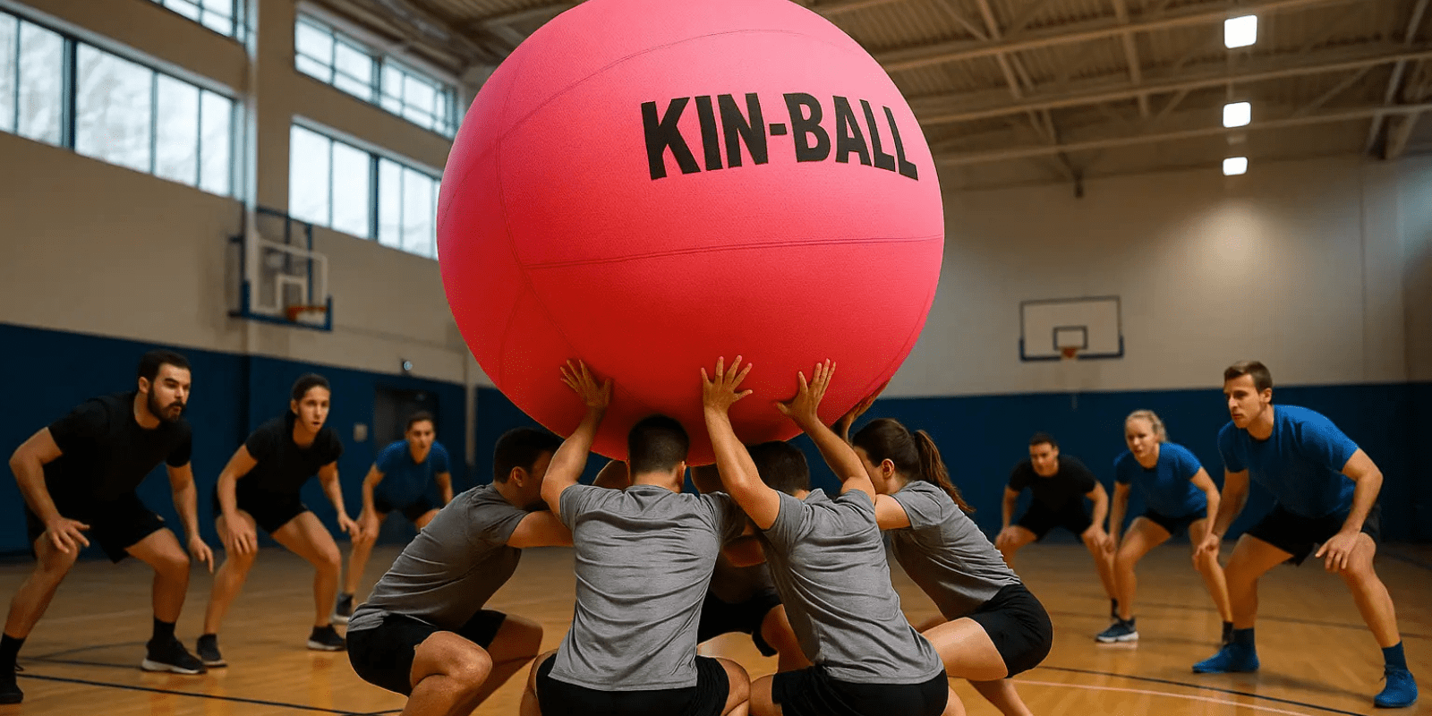 Kin-Ball – match en salle avec deux équipes s’affrontant autour d’un ballon géant rose dans un gymnase
