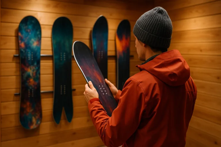 Homme observant un snowboard dans une pièce en bois, entouré de plusieurs planches accrochées au mur