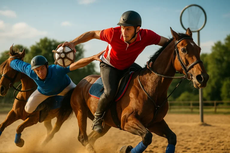 Deux cavaliers en pleine action lors d’un match de horseball, disputant la balle sur un terrain sableux.