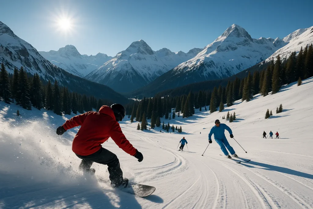 Skieurs et snowboarder dévalant une piste enneigée en montagne sous un ciel ensoleillé
