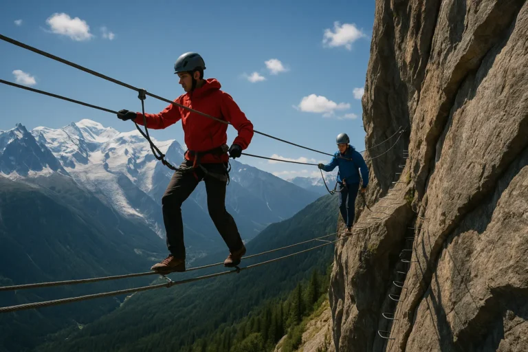 Deux grimpeurs évoluant sur une via ferrata avec vue sur les montagnes enneigées et la vallée.