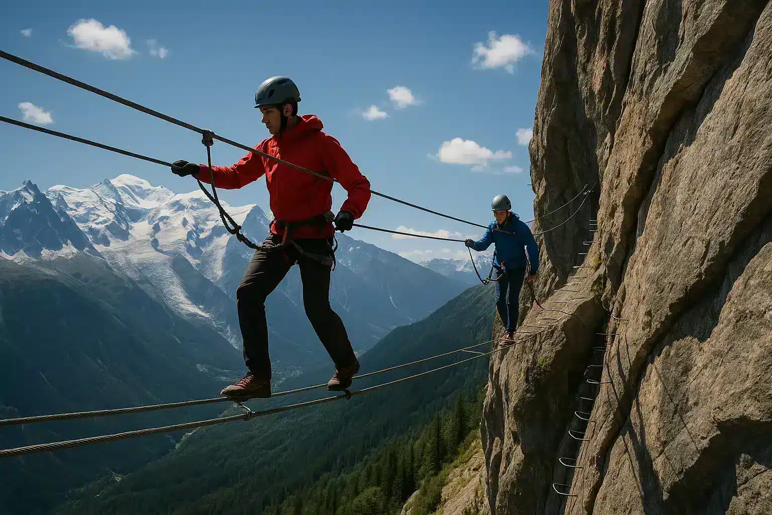 Deux grimpeurs évoluant sur une via ferrata avec vue sur les montagnes enneigées et la vallée.