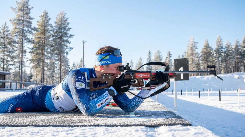 Biathlète couché en position de tir visant sa cible sur une piste enneigée entourée d’arbres.
