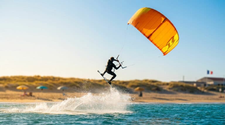 Kitesurfeur effectuant un saut avec son aile orange au-dessus de la mer près d’une plage ensoleillée.