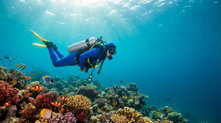 Plongeur équipé découvrant un récif corallien coloré entouré de poissons tropicaux.