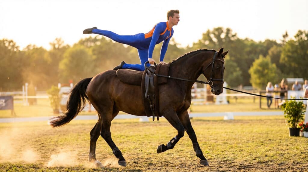 Athlète de voltige exécutant une figure sur un cheval au galop pendant une démonstration en extérieur.