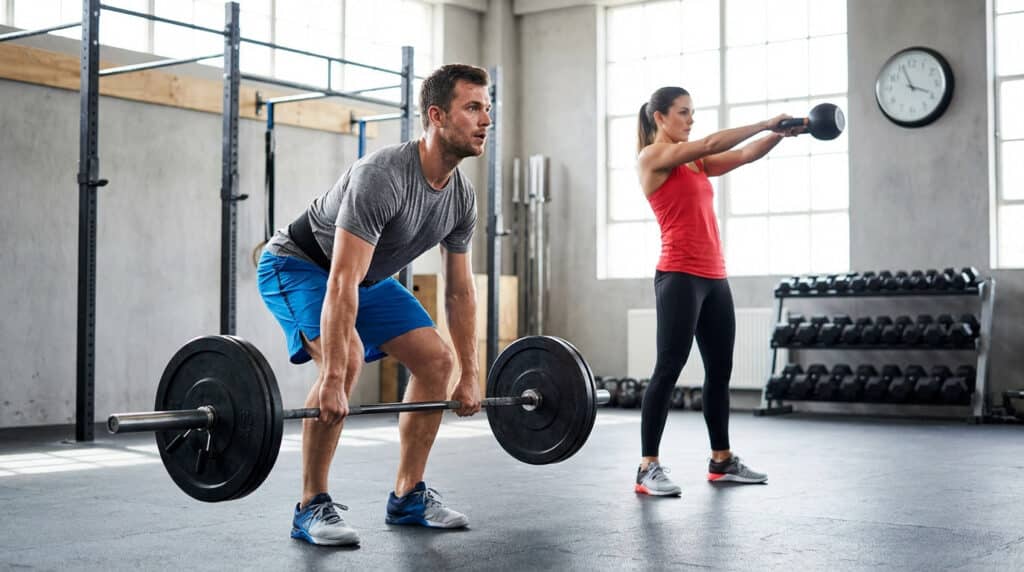 Homme soulevant une barre de musculation et femme réalisant un exercice avec kettlebell dans une salle de sport