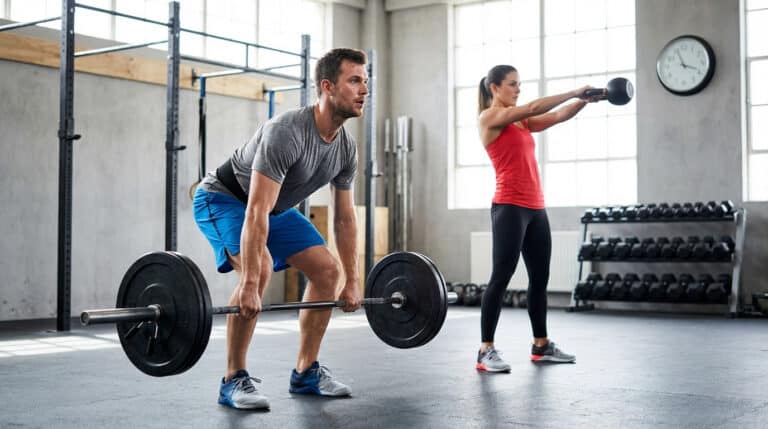 Homme soulevant une barre de musculation et femme réalisant un exercice avec kettlebell dans une salle de sport