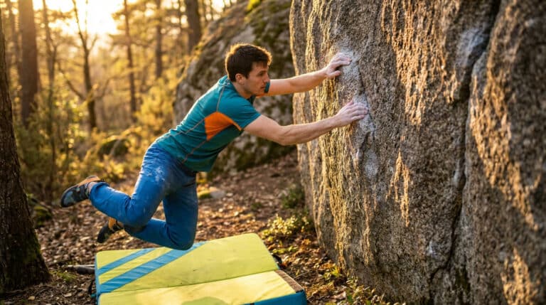 Grimpeur réalisant un mouvement dynamique en escalade de bloc sur un rocher en forêt à la lumière dorée
