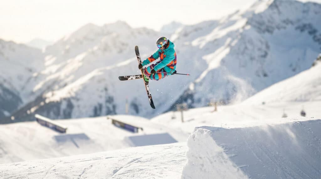 Skieur freestyle réalisant un saut acrobatique dans un snowpark avec un paysage de montagne enneigée