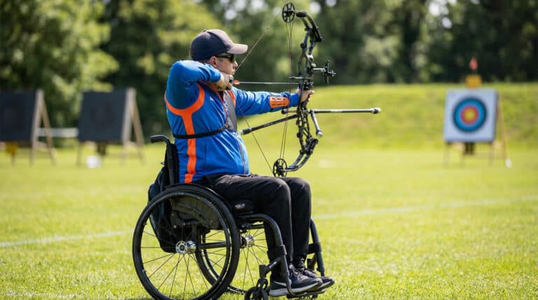 Archer en fauteuil roulant pratiquant le tir à l’arc sur un pas de tir en extérieur lors d’une compétition