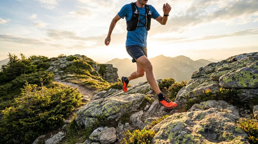 Coureur de trail franchissant un passage rocheux en montagne avec un sac d’hydratation