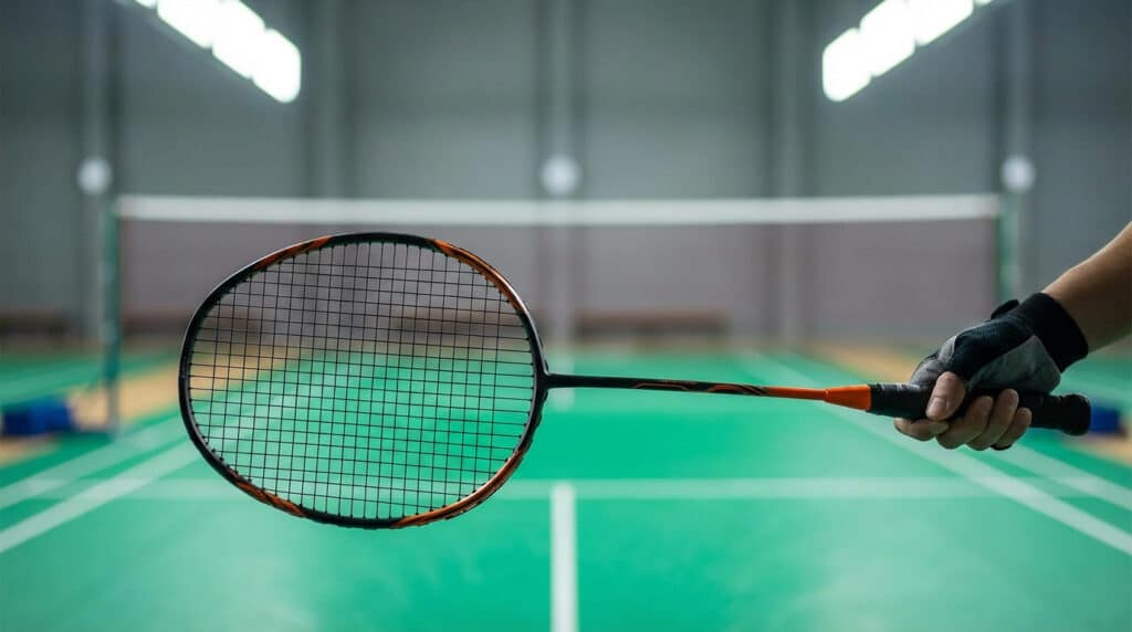 Raquette de badminton tenue à la main sur un terrain indoor avec filet en arrière-plan