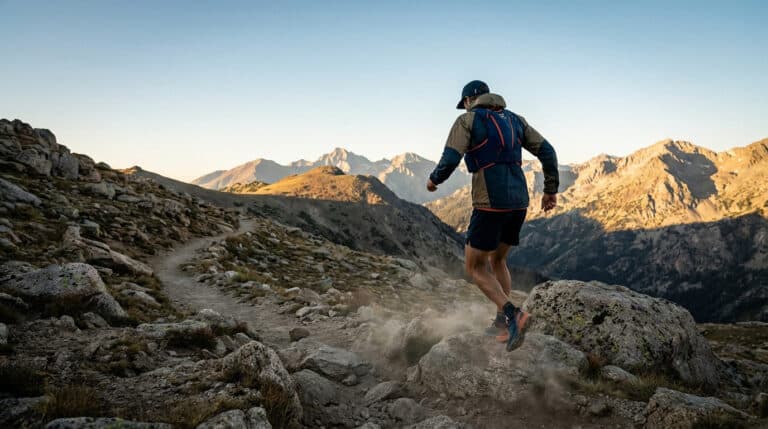 Coureur de trail courant sur un sentier de montagne rocheux avec panorama sur les sommets au lever du soleil