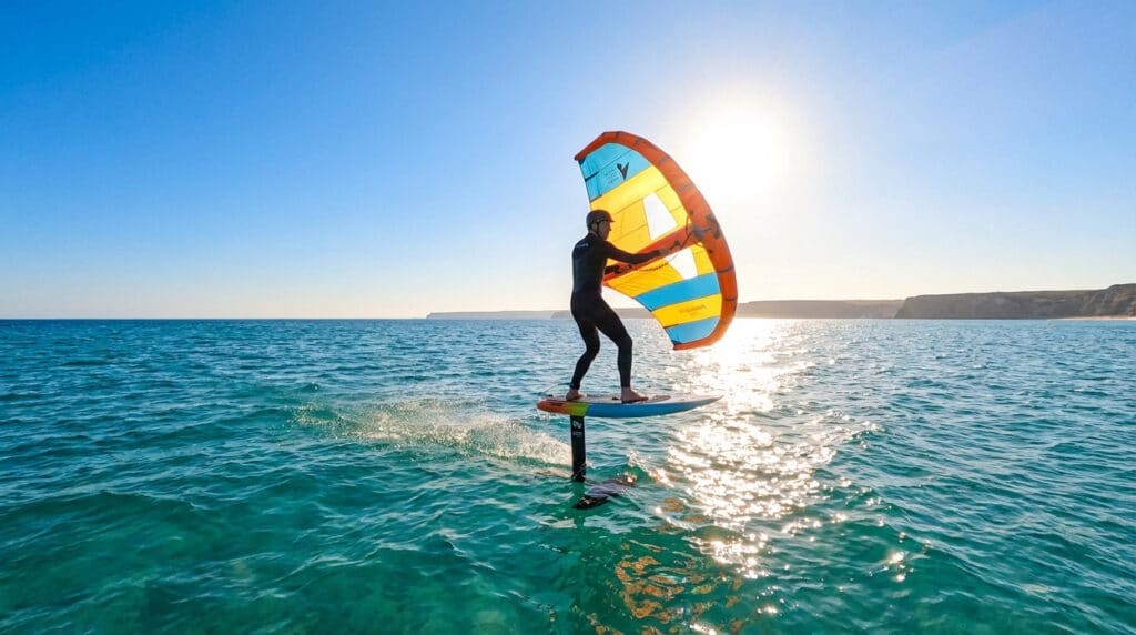 Pratiquant de wing foil glissant au-dessus de l’eau avec une aile gonflable sur une mer calme au soleil