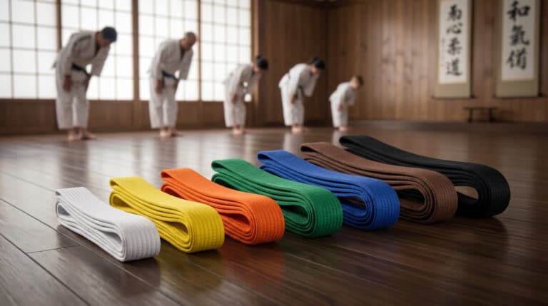Ceintures de judo alignées avec pratiquants en arrière-plan