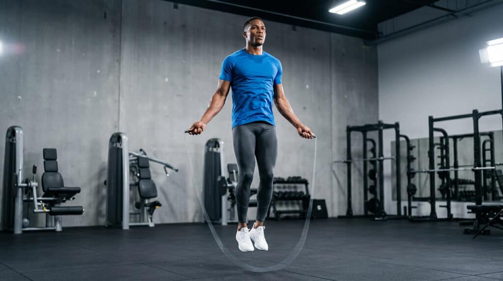 Homme faisant de la corde à sauter en salle de sport