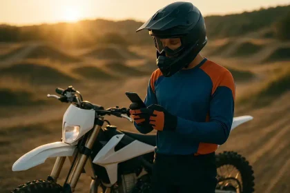 Assurance motocross – pilote en tenue de motocross consultant son téléphone à côté de sa moto sur un terrain au coucher du soleil