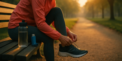 Asthme et sport – préparer son activité physique en toute sécurité Asthme et sport – coureur assis sur un banc nouant ses chaussures avec une ventoline et une gourde à ses côtés au lever du soleil