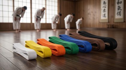 Ceintures de judo alignées avec pratiquants en arrière-plan