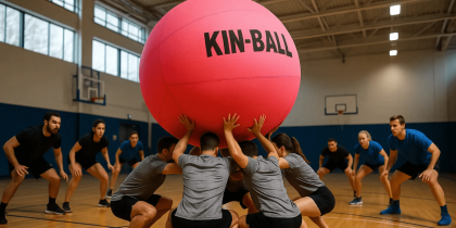 Kin-Ball – match en salle avec deux équipes s’affrontant autour d’un ballon géant rose dans un gymnase