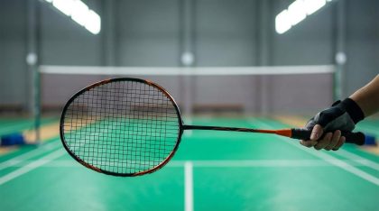 Raquette de badminton tenue à la main sur un terrain indoor avec filet en arrière-plan