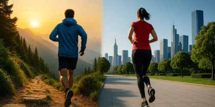 Sport de plein air – homme courant en montagne et femme courant en ville, comparant l’entraînement dans la nature et en milieu urbain