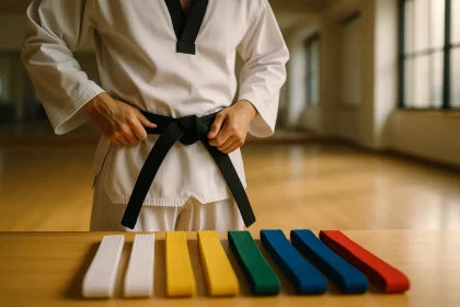 Pratiquant de taekwondo nouant sa ceinture noire devant une table présentant les différentes ceintures de couleur