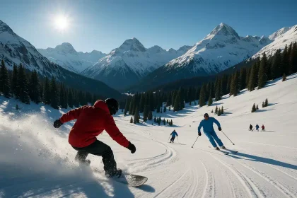 Skieurs et snowboarder dévalant une piste enneigée en montagne sous un ciel ensoleillé