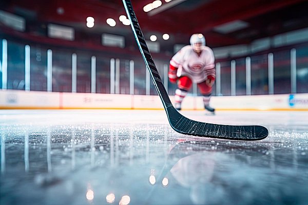 Close-up du bâton de hockey sur glace sur la patinoire en position pour frapper la rondelle de hockey